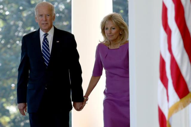 Vice President Joe Biden holds hands with his wife Jill Biden while walking to the Rose Garden to announce that he will not seek the presidency during a statement with U.S. President Barack Obama in the Rose Garden of the White House October 21, 2015 in Washington, DC