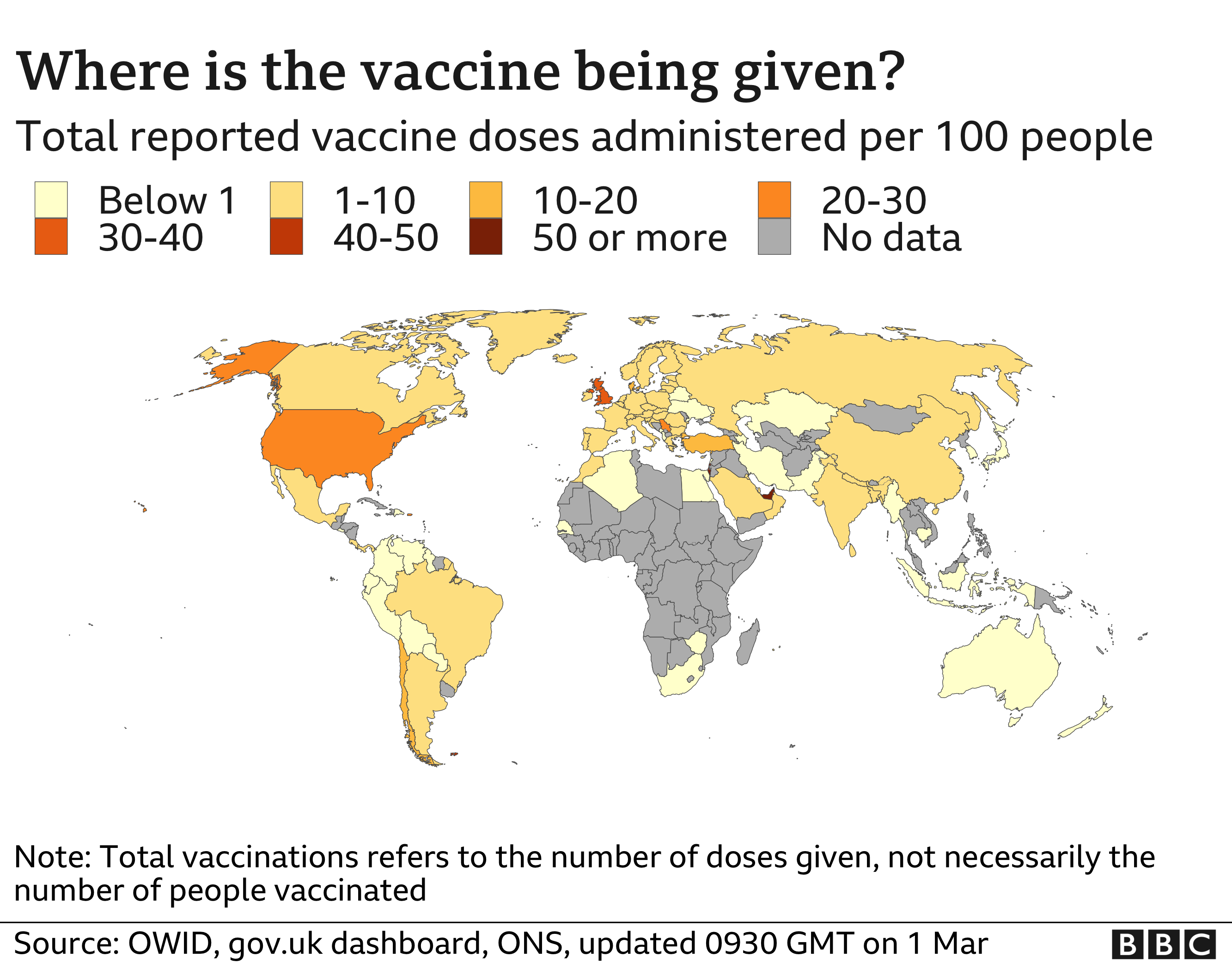 Map showing the number of vaccine doses administered per 100 people