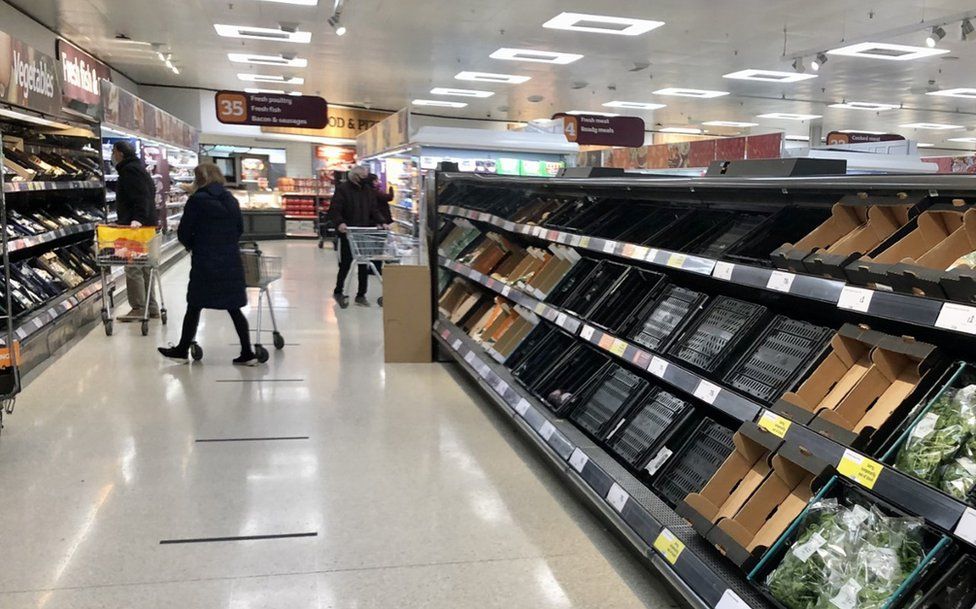 Empty shelves in a supermarket in Northern Ireland