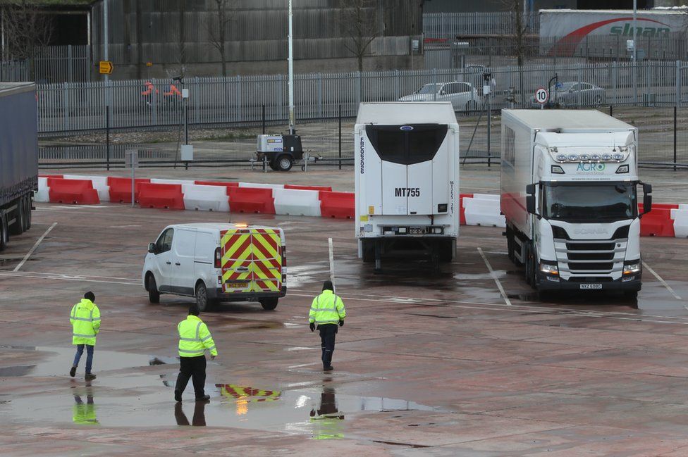 Lorries at a customs checkpoint at Belfast Port
