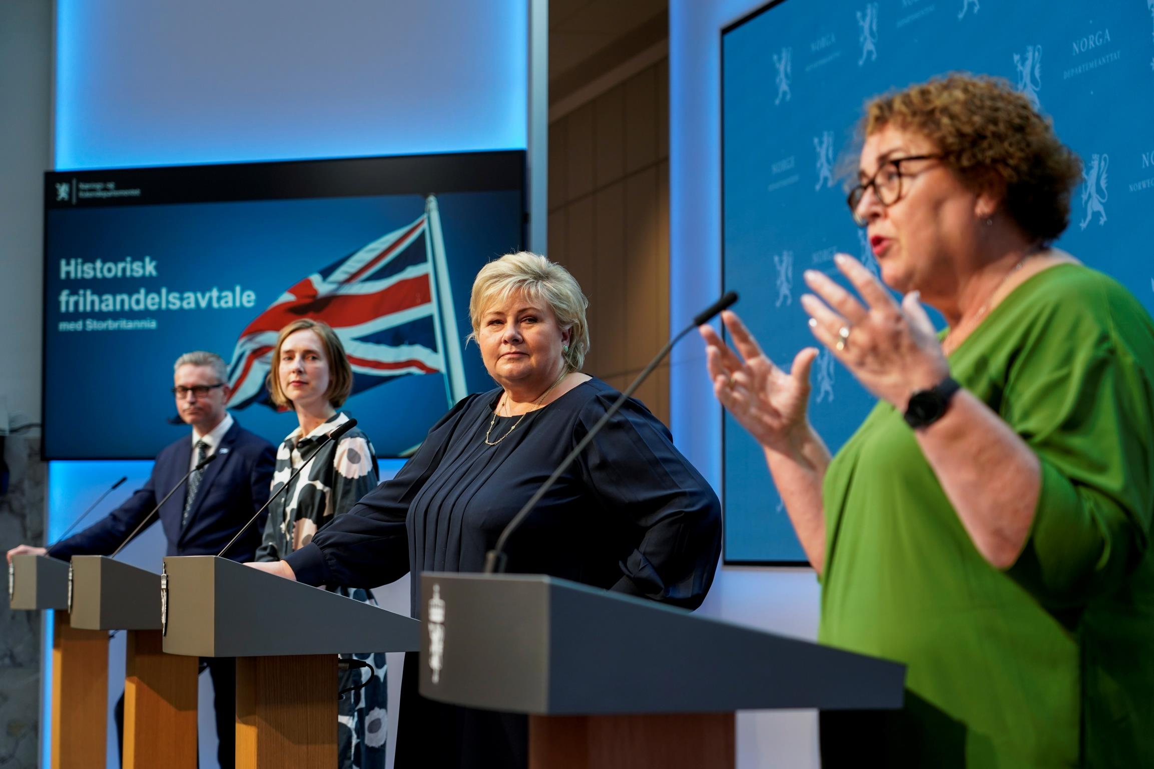 Norway's Minister of Fisheries and Seafood Odd Emil Ingebrigtsen, Minister of Trade and Industry Iselin Nyboe, Prime Minister Erna Solberg, and Minister of Agriculture and Food Olaug Bollestad attend a news co<em></em>nference on the status of free trade negotiations with the United Kingdom, in Oslo, Norway June 4, 2021. NTB/Gorm Kallestad via REUTERS