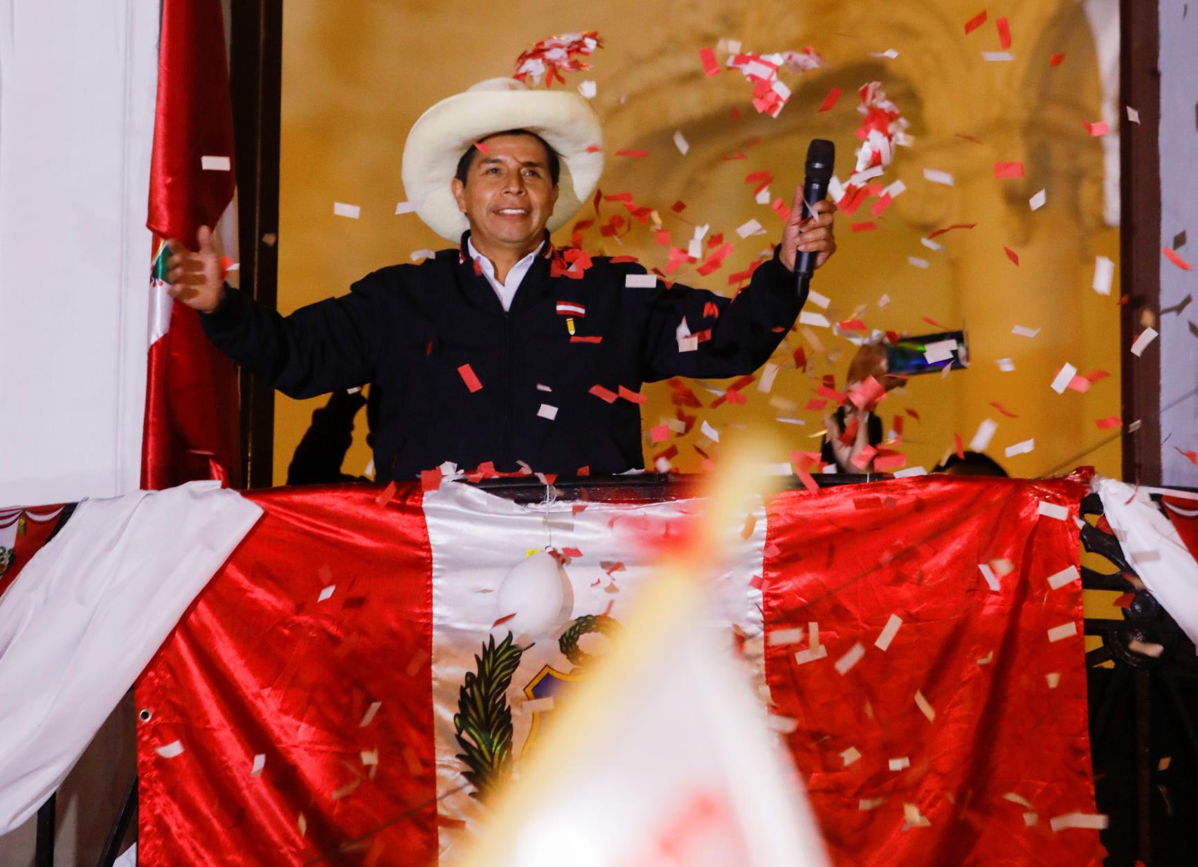 Peru's presidential candidate Pedro Castillo addresses supporters from the headquarters of the 