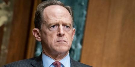 Sen. Pat Toomey, R-Pa., questions Treasury Secretary Steven Mnuchin during a Co<em></em>ngressional Oversight Commission hearing on Capitol Hill in Washington, Thursday Dec. 10, 2020.  Toomey had to miss a vote on the Jan. 6 commission on May 28, 2021, due to a family commitment, his spokesperson said. (Sarah Silbiger/The Washington Post via AP, Pool)