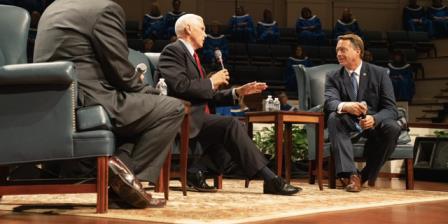Former Vice President Mike Pence takes part in a 'fireside chat' with approximately 400 pastors gathered at the First Baptist Church of Columbia, in Columbia, South Carolina on April 29, 2021.
