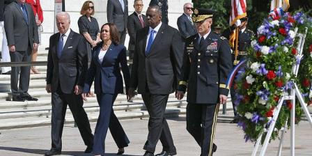President Biden, Vice President Kamala Harris, Defense Secretary Lloyd Austin and Chairman of Joint Chiefs of Staff General Mark Milley arrive to take part in a wreath-laying in front of the Tomb of the Unknown Soldier at Arlington Natio<em></em>nal Cemetery on Memorial Day in Arlington, Va., on May 31, 2021. 