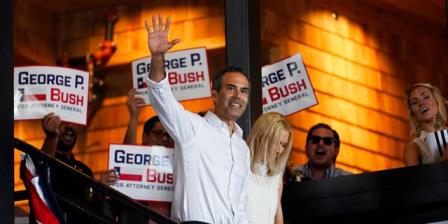 Texas Land Commissio<em></em>ner George P. Bush arrives for a kickoff rally with his wife, Amanda, to announce he will run for Texas attorney general, Wednesday, June 2, 2021, in Austin, Texas. (AP Photo/Eric Gay)