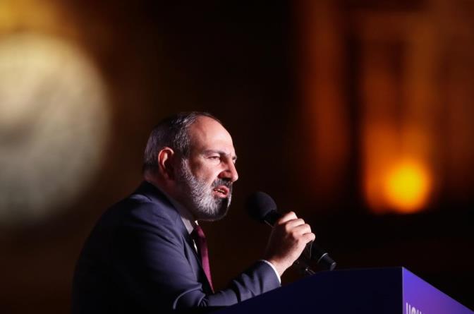 Armenian acting Prime Minister Nikol Pashinian attends a rally in his support after winning snap parliamentary elections in Yerevan, Armenia, June 21, 2021. (AP File Photo)
