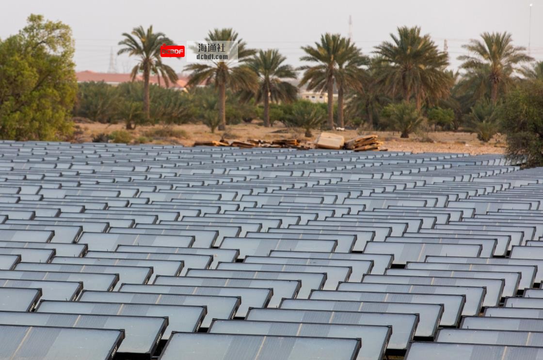 This file photo dated July 8, 2020, shows hydro<em></em>panels, produced by Zero Mass Water Inc., at the planned site of the IBV drinking water plant in Lehbab, Dubai, United Arab Emirates, using technology to extract moisture from the atmosphere using energy from the sun. (Christopher Pike/Bloomberg via Getty Images)