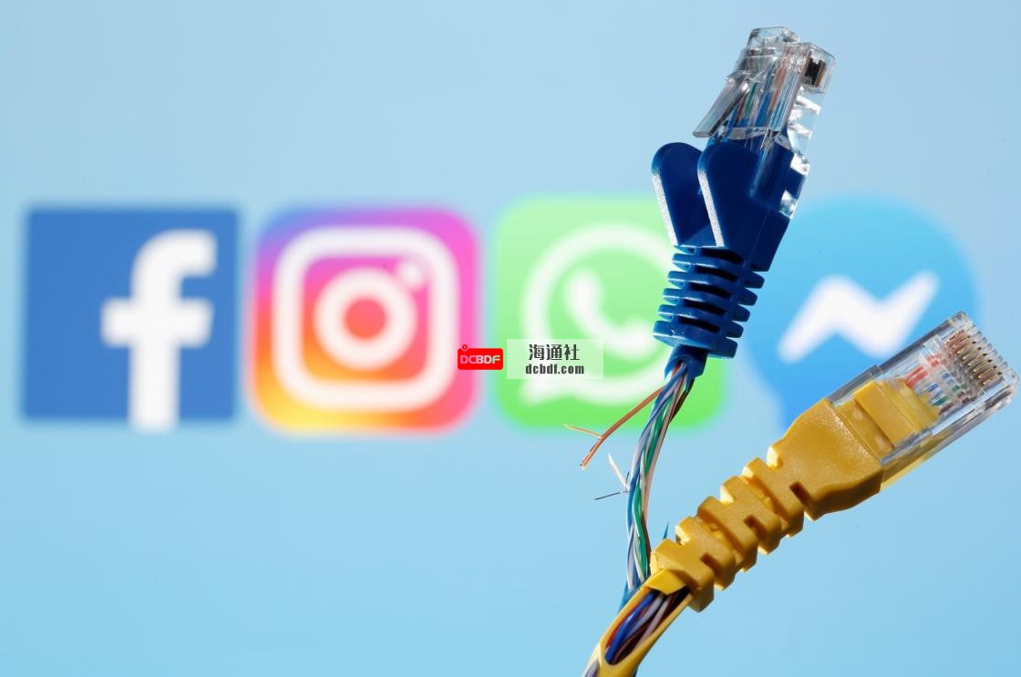 Broken ethernet cables are seen in front of Facebook, Instagram, WhatsApp and Messenger logos in this illustration taken Oct 5, 2021. (Reuters Photo)
