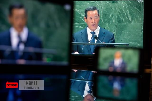 North Korean Ambassador to the United Nations Kim Song speaks during the U.N. General Assembly via livestream in New York on Monday. | BLOOMBERG