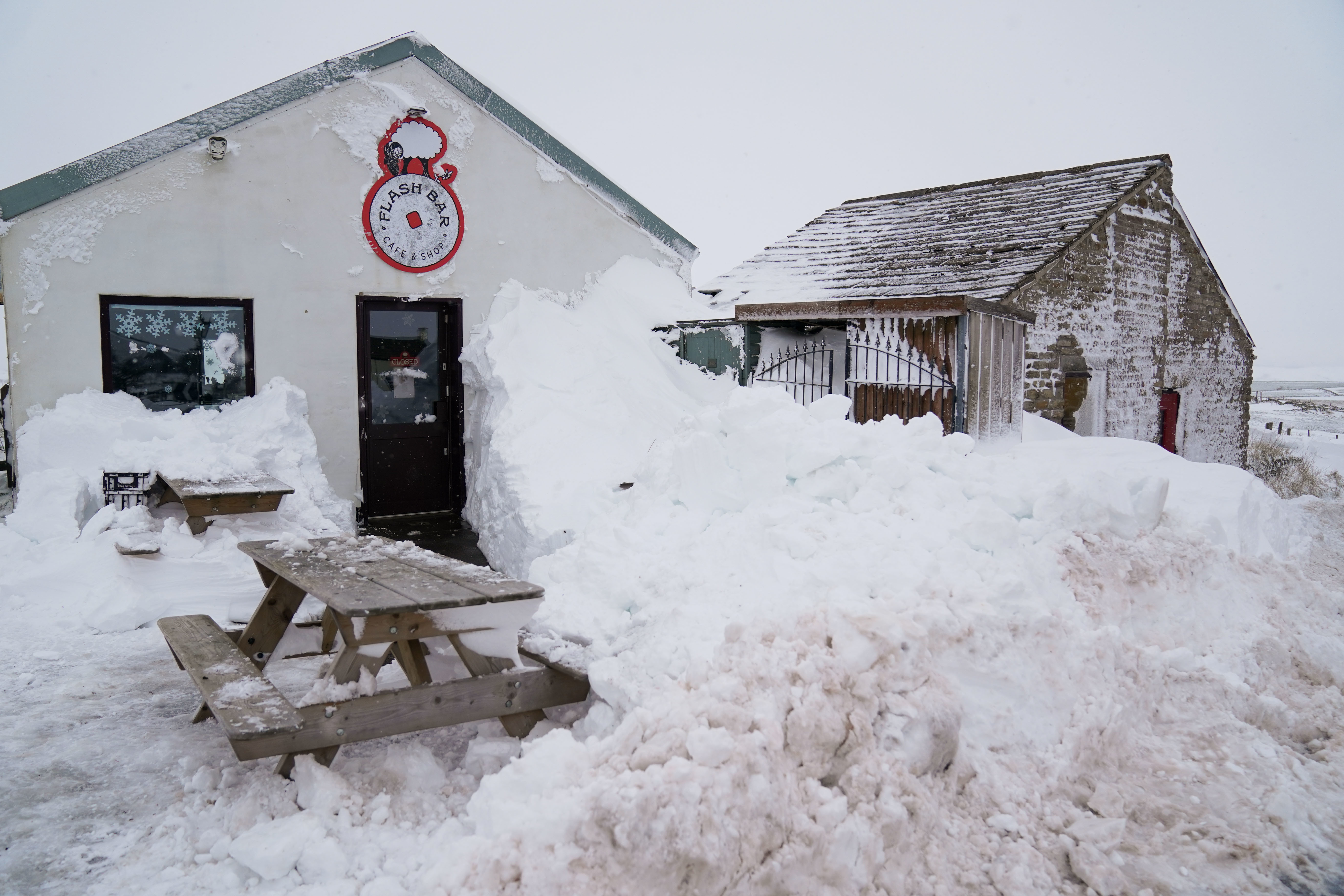 Snowed in businesses on the A53 close to Buxton in Derbyshire