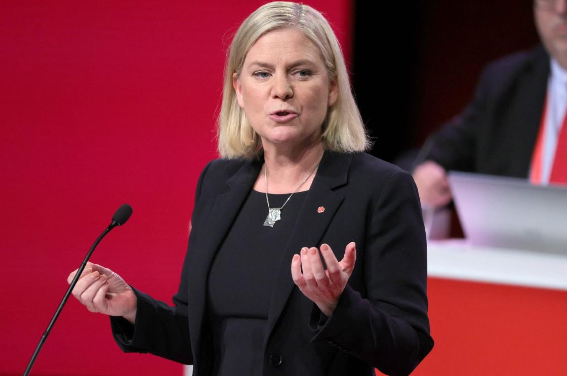 File photo of newly elected Sweden&#039;s Prime Minister Magdalena Andersson delivering a speech after being elected as the chairperson of the Social Democratic Party at the Social Democratic Party co<em></em>ngress in Gothenburg, Sweden, Nov. 4, 2021 (AFP Photo) 